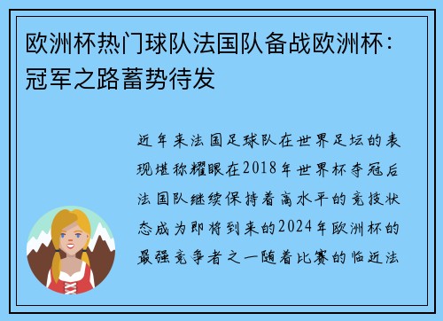 欧洲杯热门球队法国队备战欧洲杯：冠军之路蓄势待发
