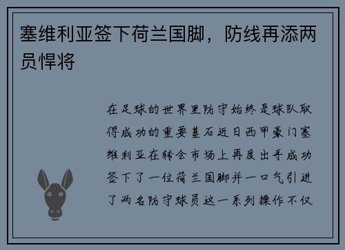 塞维利亚签下荷兰国脚，防线再添两员悍将